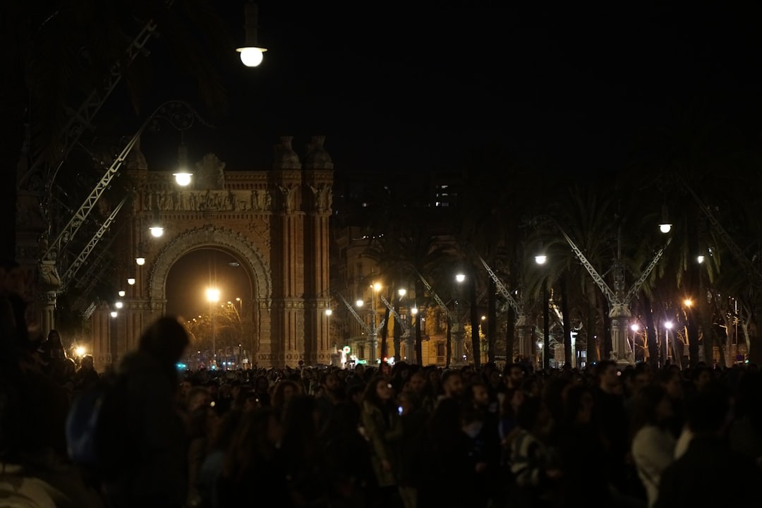 8.03.2023, Barcelona, Spain. Crowd of people protest at Barcelona's Arc de Triomphe